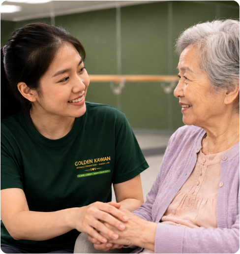 Caregiver with senior at Golden Kawan
